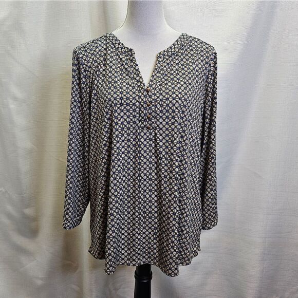 Dana Buchman Tan and Blue Geometric Print Popover Blouse Size XL - Picture 1 of 9
